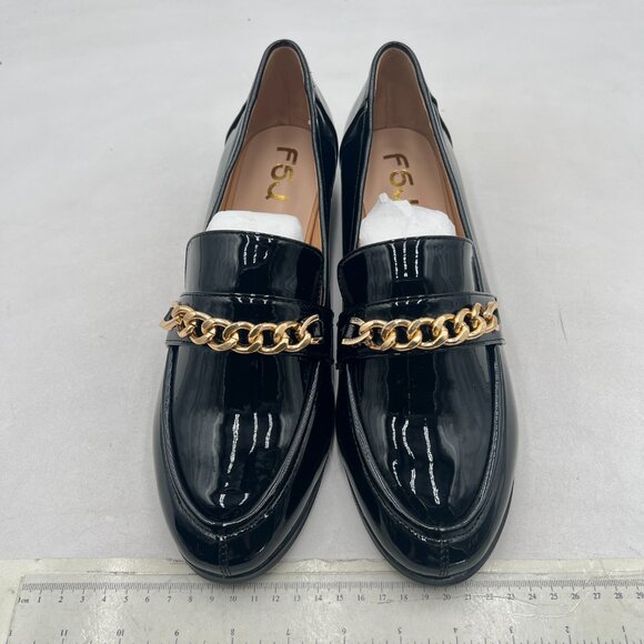 FSJ Black Closed Toe with Chain Loafers Block Low Heel Slip On Comfy Office Shoe - Picture 3 of 8